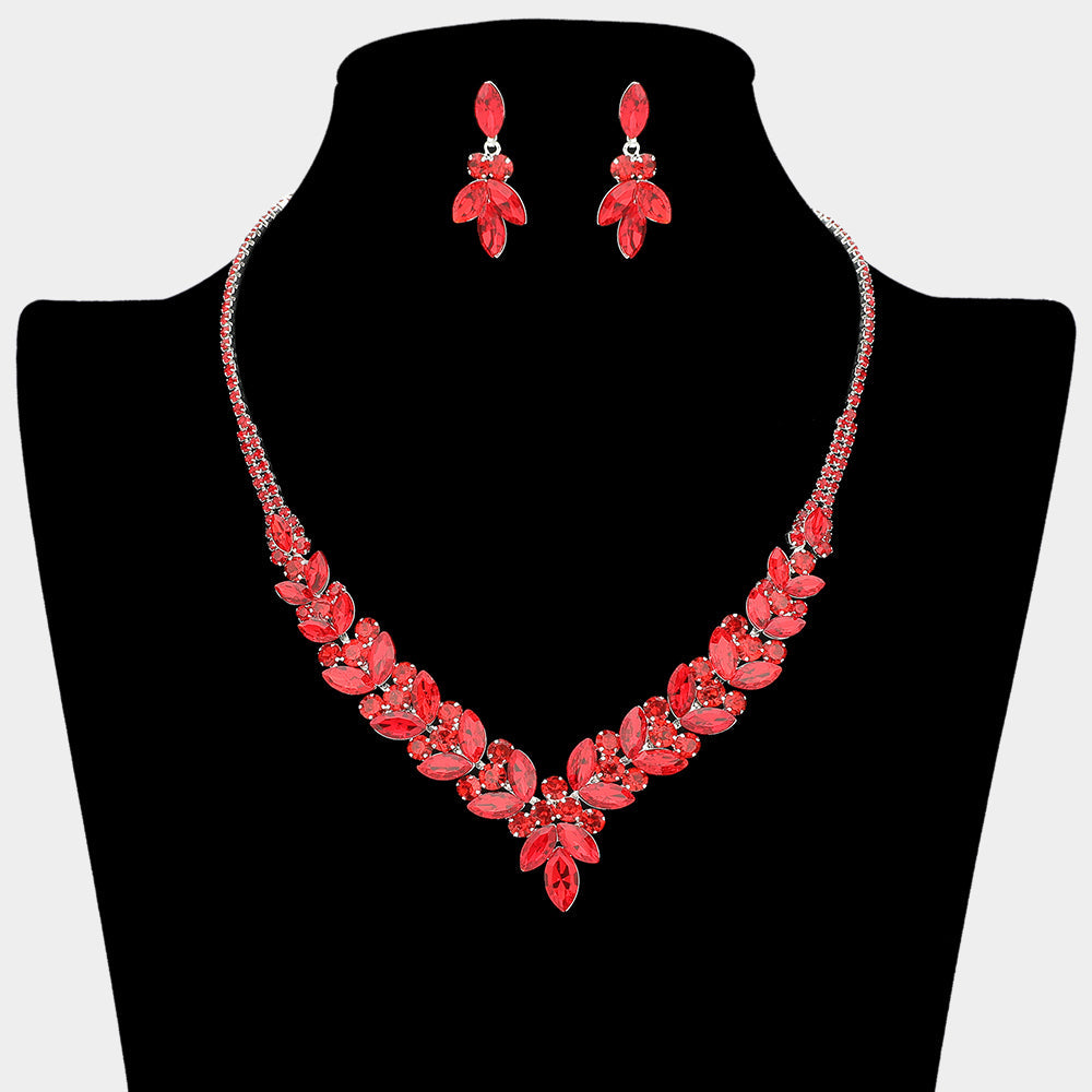Madeline Love Red, Silver Marquise Stone Cluster Rhinestone Necklace