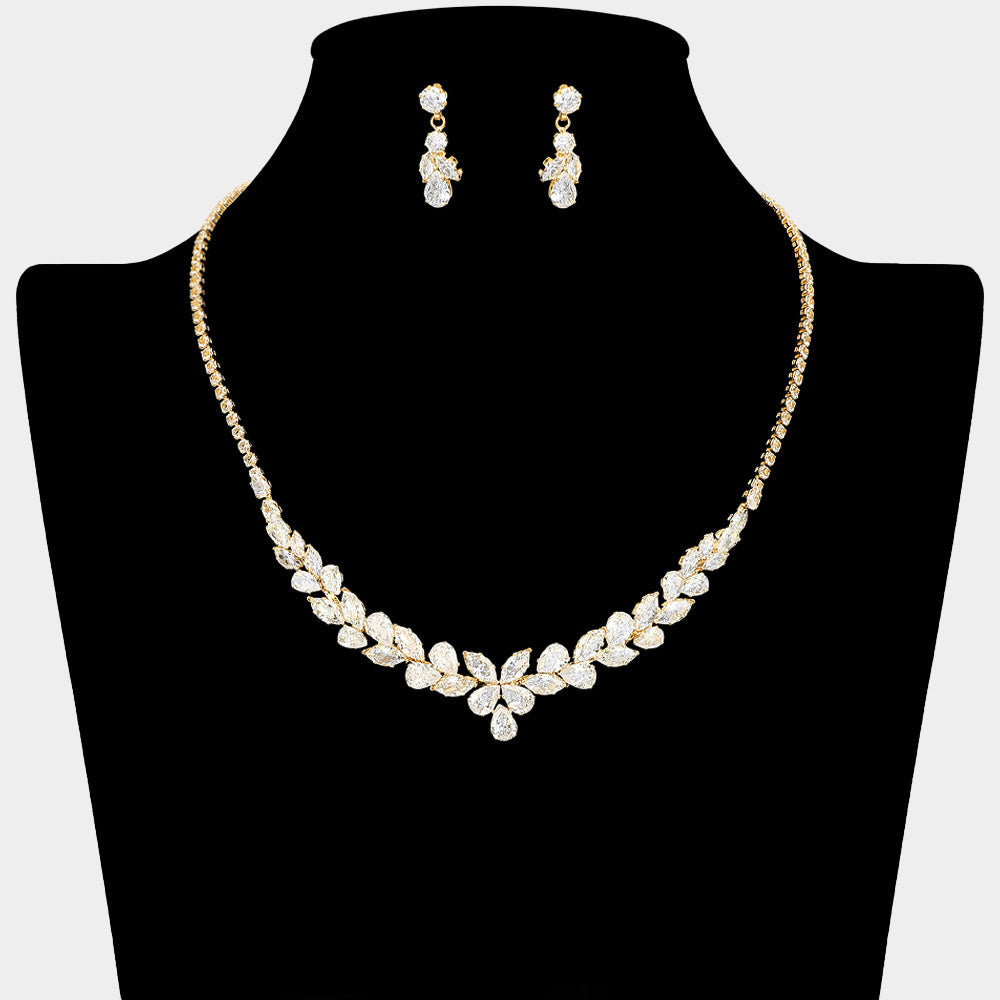 Madeline Love Clear, Gold Elegant Marquise Teardrop CZ Cluster Leaf Rhinestone Necklace