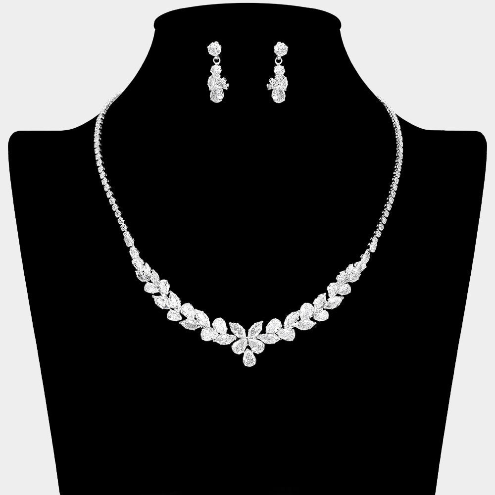 Madeline Love Clear, Silver Elegant Marquise Teardrop CZ Cluster Leaf Rhinestone Necklace