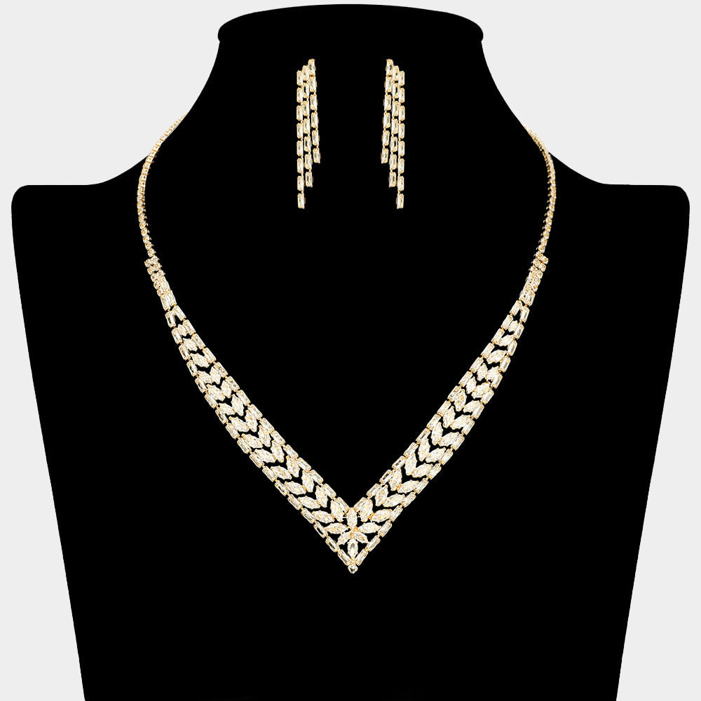 Madeline Love Clear, Gold Marquise CZ Stone Cluster Embellished Rhinestone V Shaped Necklace