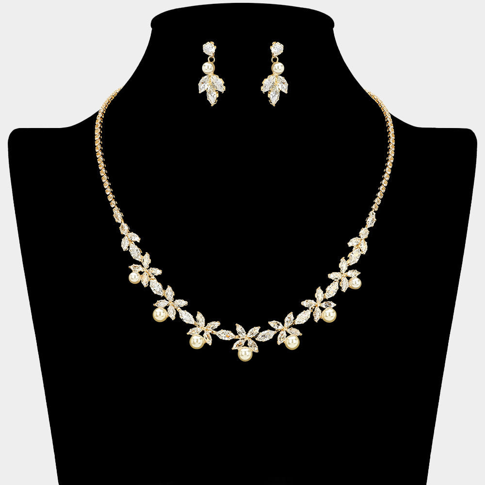 Madeline Love Cream, Gold Elegant Floral CZ Cluster Pearl Accent Rhinestone Necklace