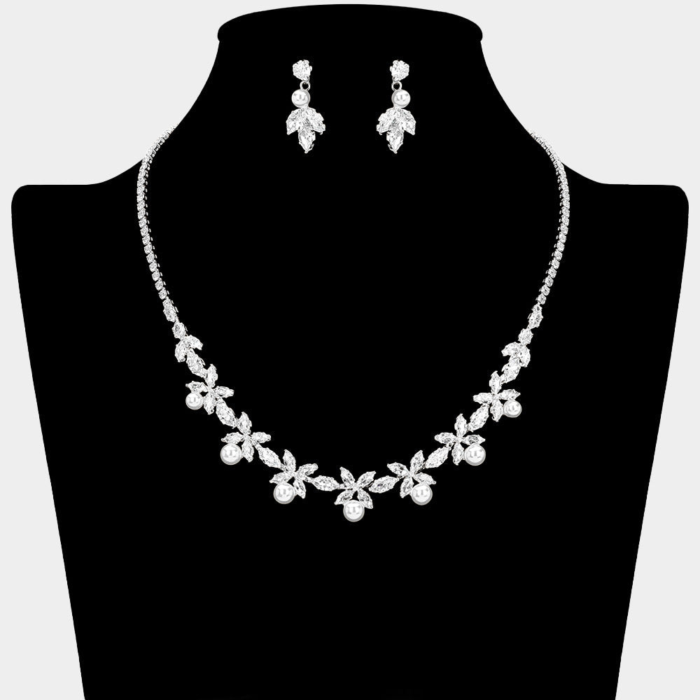 Madeline Love Silver, White Elegant Floral CZ Cluster Pearl Accent Rhinestone Necklace