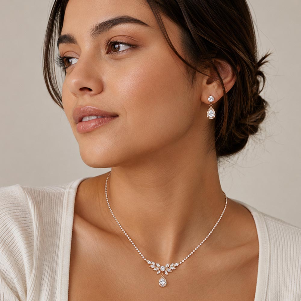 Madeline Love Clear, Gold Teardrop CZ Cluster Pendant Rhinestone Necklace