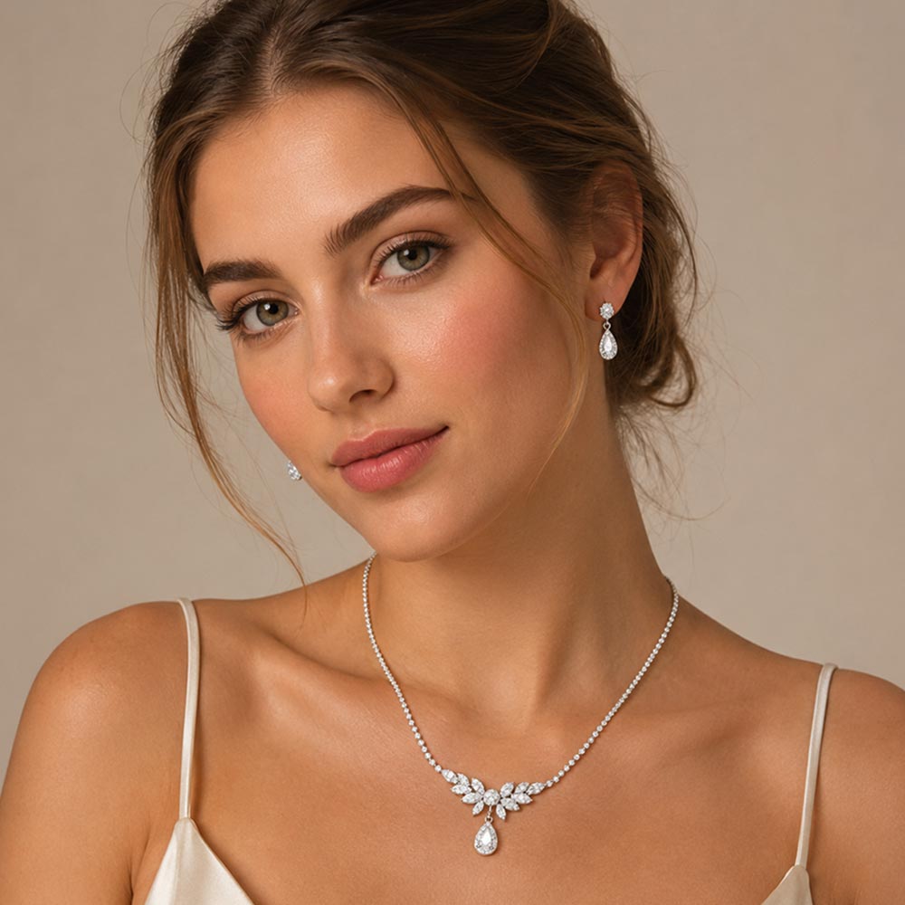 Madeline Love Clear, Silver Teardrop CZ Cluster Pendant Rhinestone Necklace