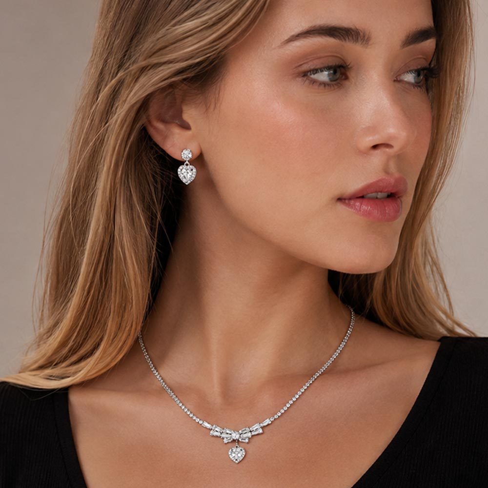 Madeline Love Clear, Silver Heart CZ Pendant Drop Emerald Cut Bow Rhinestone Necklace
