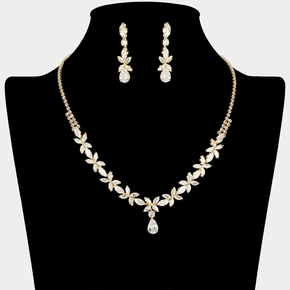 Madeline Love Clear, Gold Floral CZ Cluster Teardrop Rhinestone Necklace
