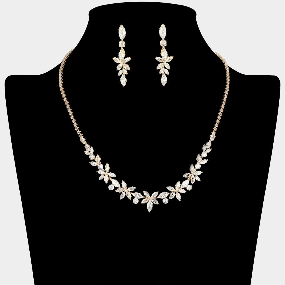 Madeline Love Clear, Gold Marquise CZ Cluster Floral Link Rhinestone Necklace
