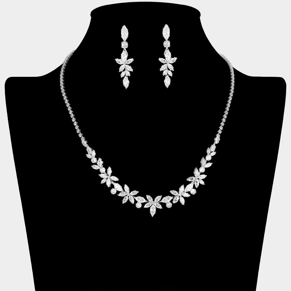 Madeline Love Clear, Silver Marquise CZ Cluster Floral Link Rhinestone Necklace