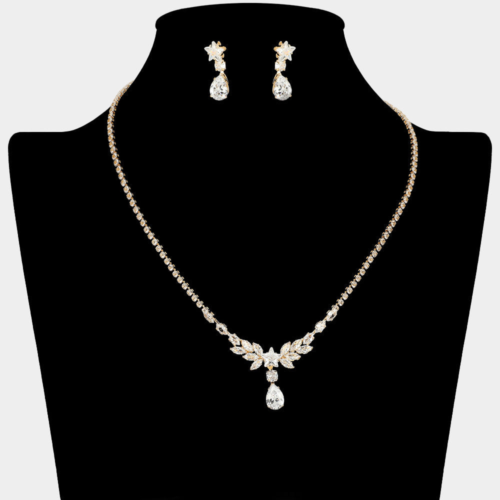 Madeline Love Clear, Gold Star CZ Custer Accent Teardrop Cluster Rhinestone Necklace