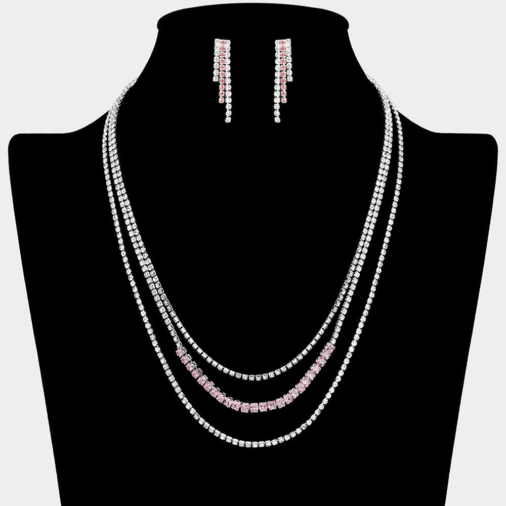 Madeline Love Pink, Silver CZ Square Stone Detailed Triple Layered Necklace - Jewelry