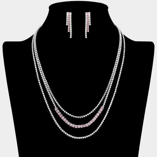Madeline Love Pink, Silver CZ Square Stone Detailed Triple Layered Necklace - Jewelry