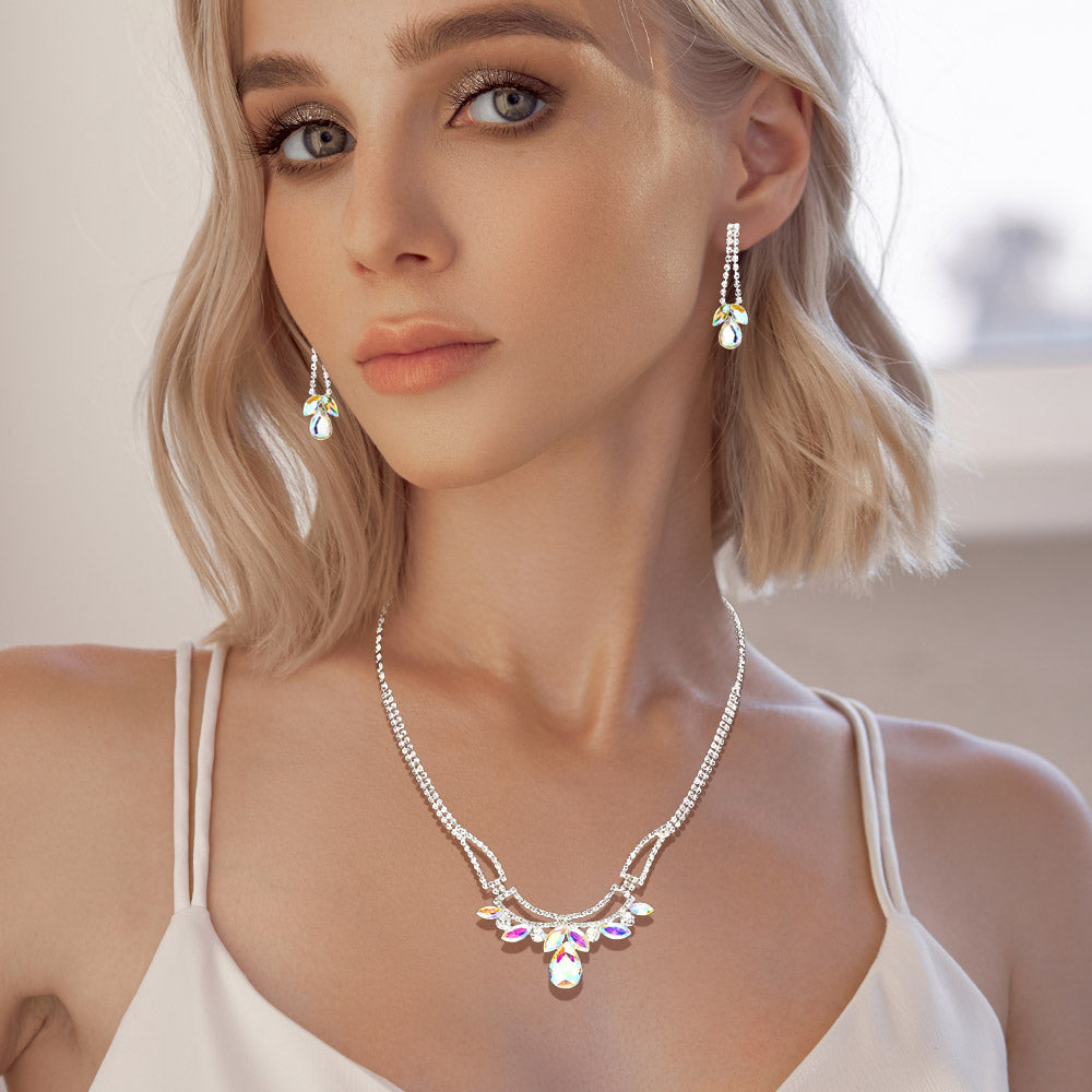 Madeline Love AB, Silver Teardrop Marquise Stone Pointed Rhinestone Paved Necklace