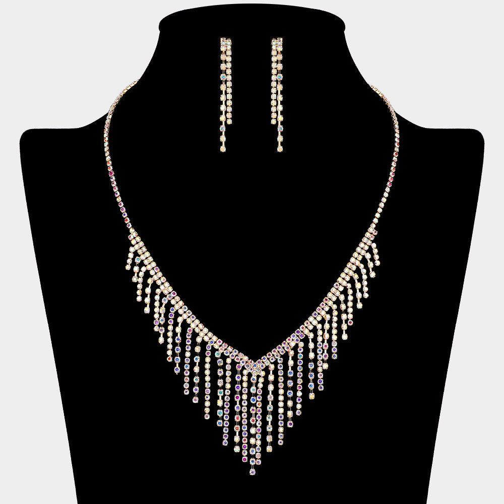 Madeline Love AB, Gold Cascading Fringe Rhinestone Necklace - Jewelry