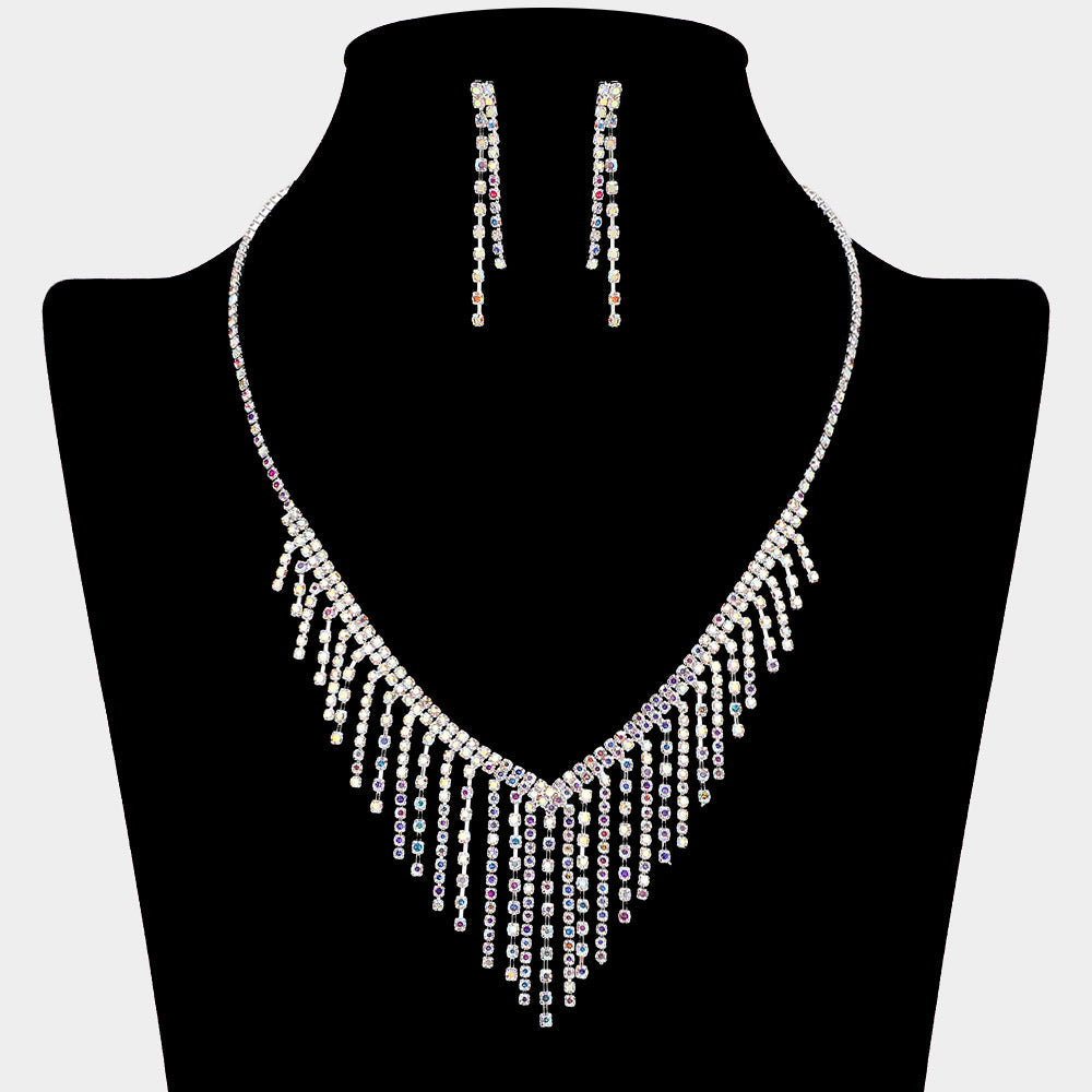 Madeline Love AB, Silver Cascading Fringe Rhinestone Necklace - Jewelry