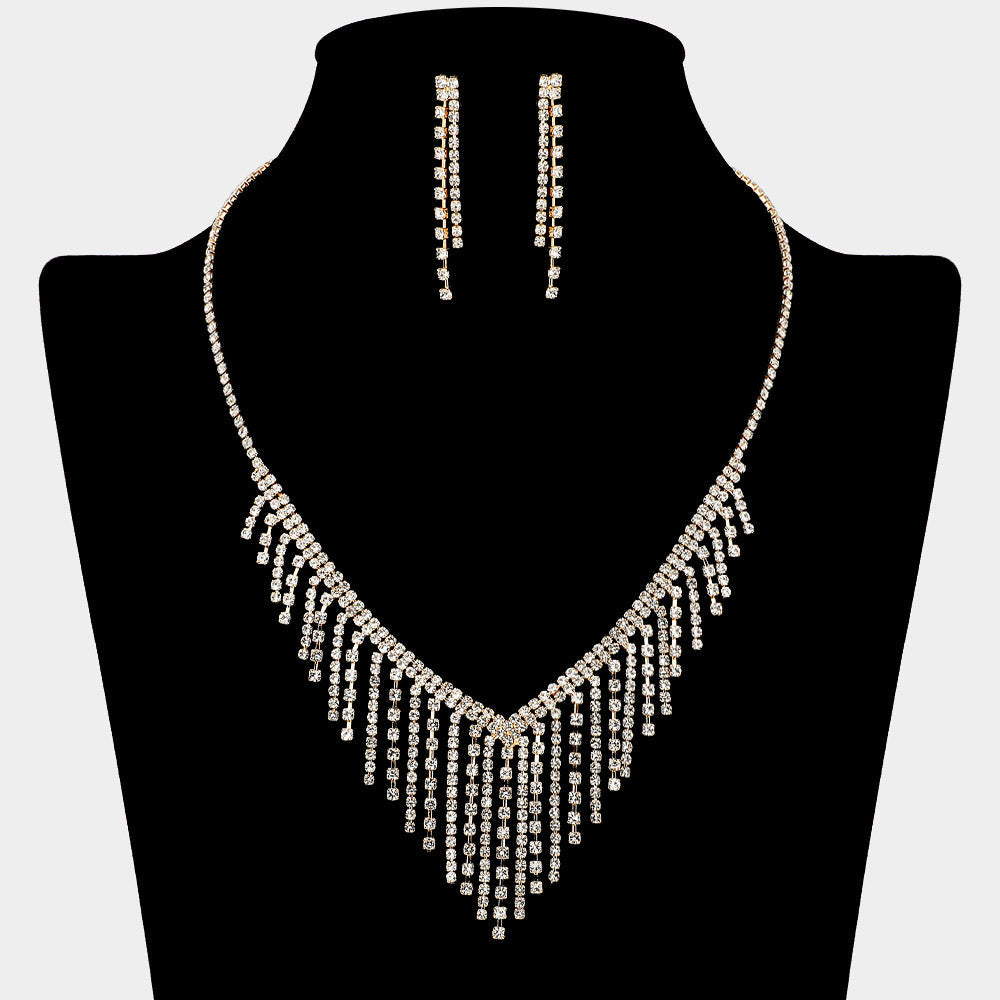 Madeline Love Clear, Gold Cascading Fringe Rhinestone Necklace - Jewelry