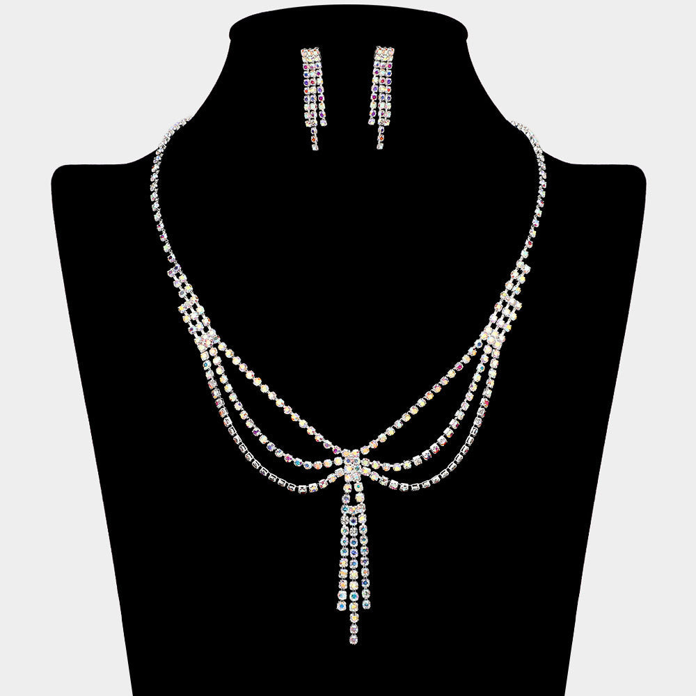 Madeline Love AB, Silver Layered Draped Rhinestone Tassel Necklace - Jewelry