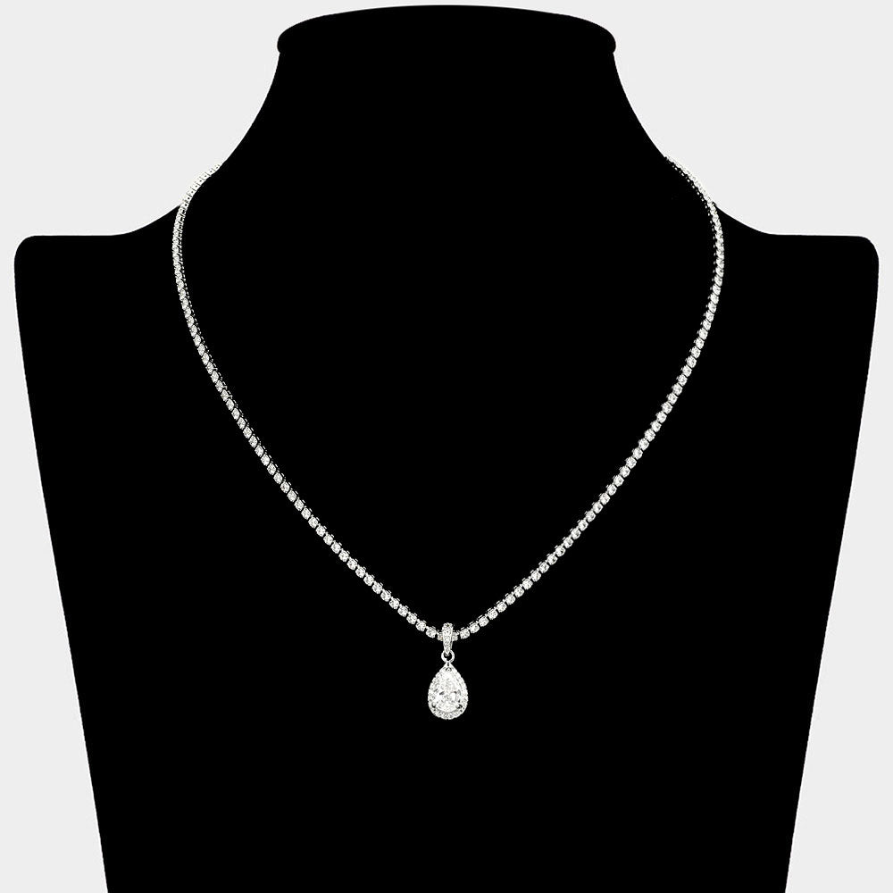 Madeline Love Clear, Silver Teardrop CZ Stone Pendant Rhinestone Paved Necklace - Hair Accessories