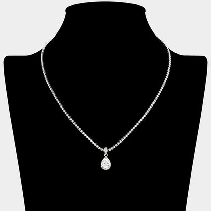 Madeline Love Clear, Silver Teardrop CZ Stone Pendant Rhinestone Paved Necklace - Hair Accessories