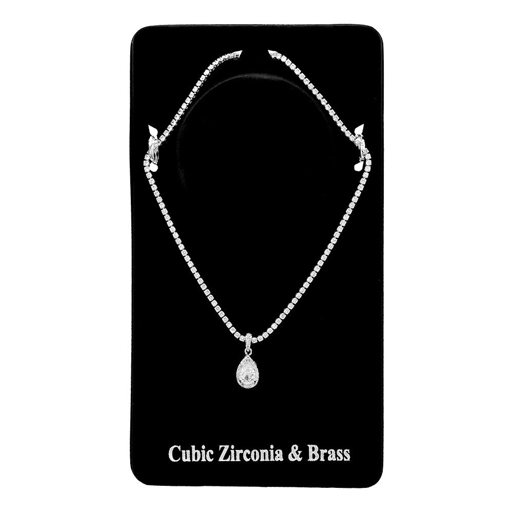 Madeline Love Clear, Silver Teardrop CZ Stone Pendant Rhinestone Paved Necklace - Hair Accessories - desc
