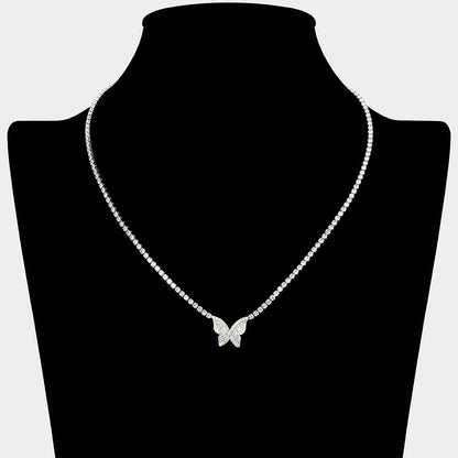 Madeline Love Clear, Silver Dainty Butterfly CZ Stone Pendant Accent Rhinestone Paved Necklace - Hair Accessories