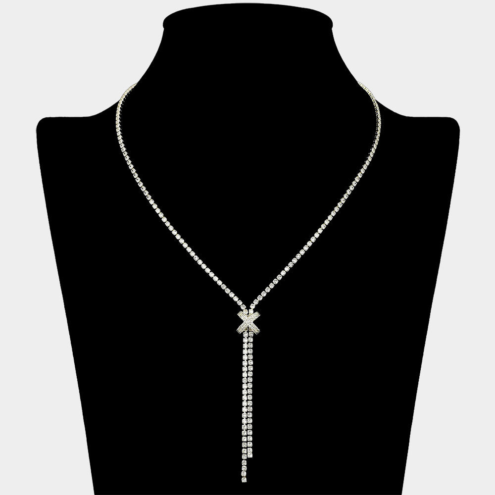 Madeline Love Clear, Gold CZ Stone Paved X Charm Accent Y Shaped Necklace - Jewelry