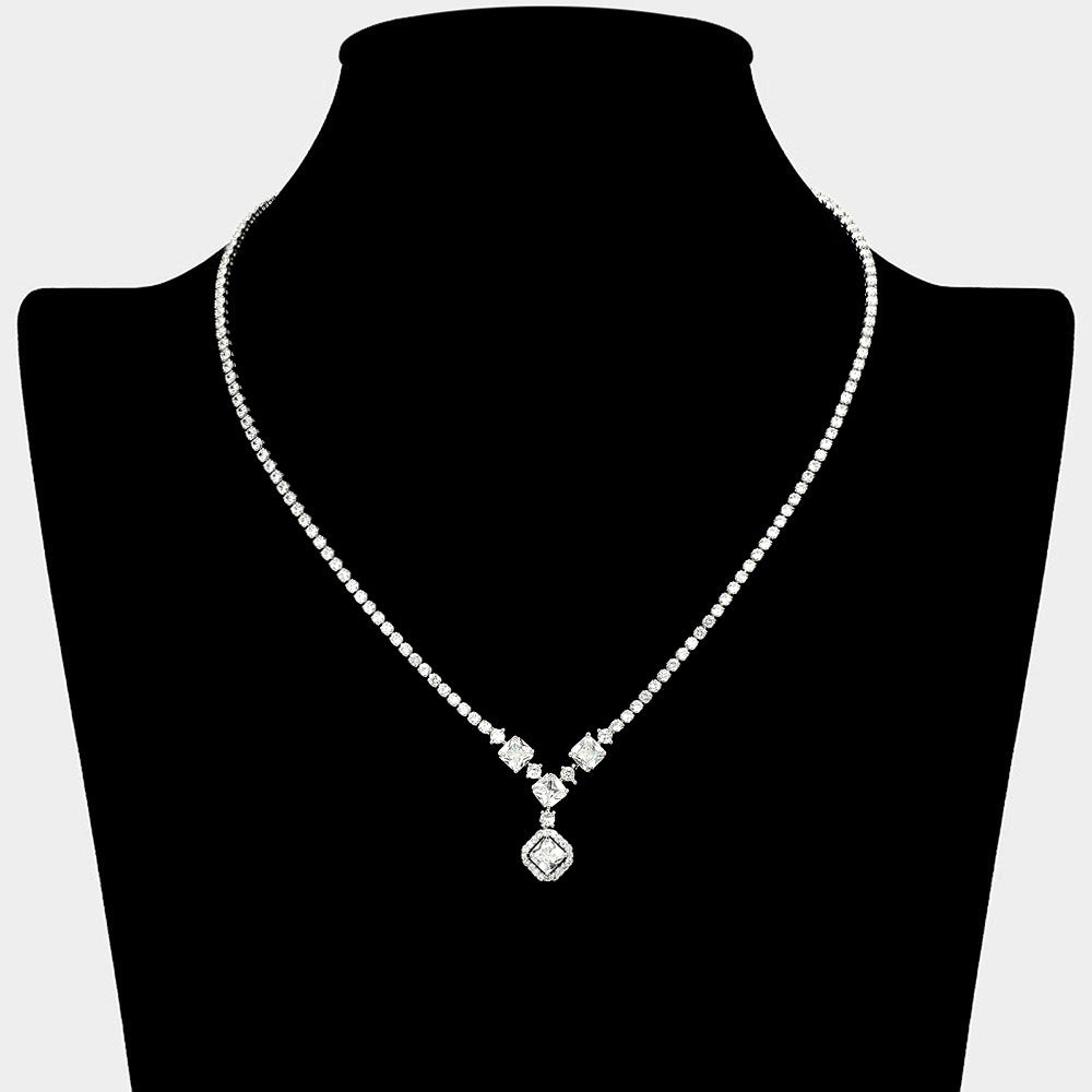 Madeline Love Clear, Silver Square CZ Stone Pendant Drop Rhinestone Paved Necklace - Jewelry
