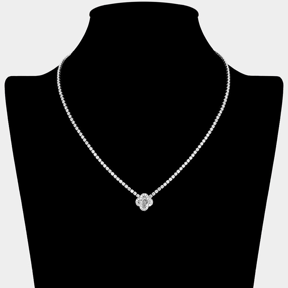 Madeline Love Clear, Silver Quatrefoil CZ Stone Pendant Accent Rhinestone Paved Necklace - Hair Accessories