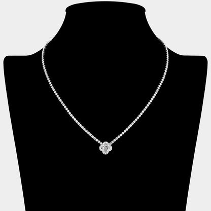 Madeline Love Clear, Silver Quatrefoil CZ Stone Pendant Accent Rhinestone Paved Necklace - Hair Accessories