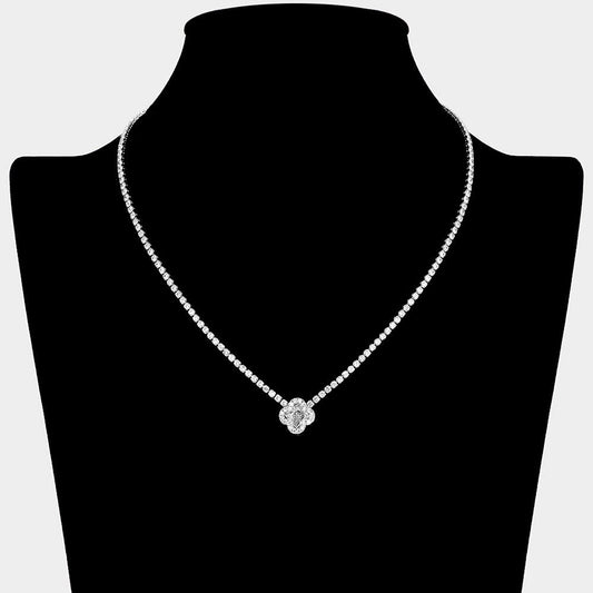 Madeline Love Clear, Silver Quatrefoil CZ Stone Pendant Accent Rhinestone Paved Necklace - Hair Accessories