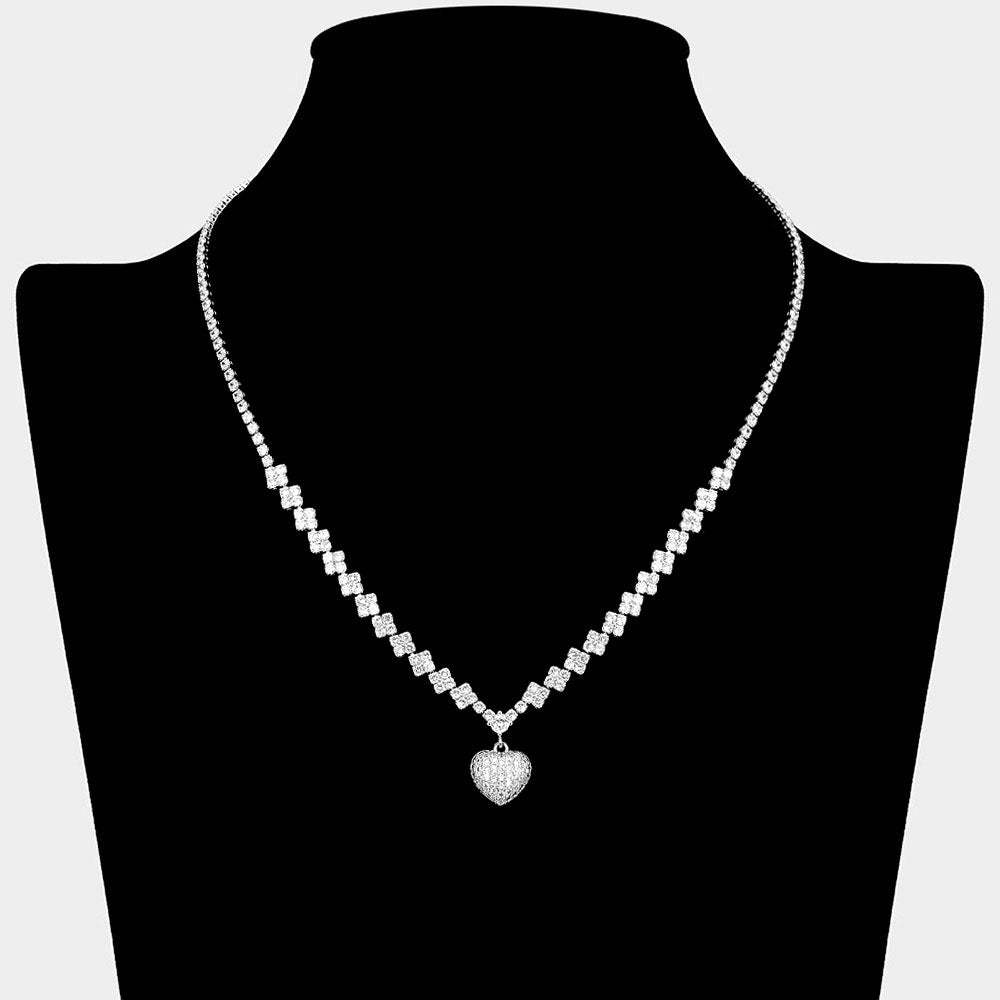 Madeline Love Clear, Silver CZ Stone Paved Heart Pendant Accent Quatrefoil Link Chain Rhinestone Paved Necklace - Jewelry