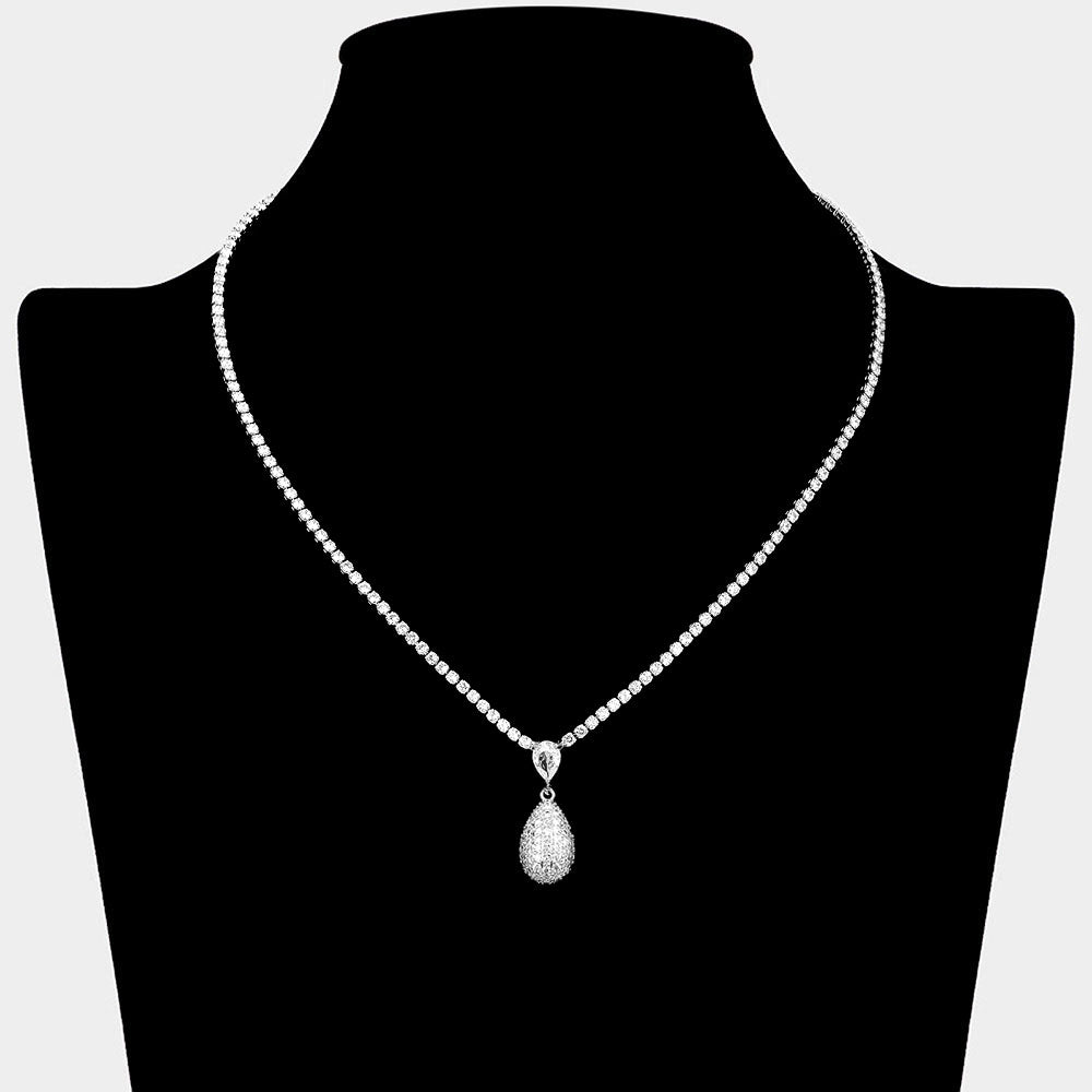 Madeline Love Clear, Silver Teardrop CZ Stone Pendant Drop Rhinestone Paved Necklace - Jewelry