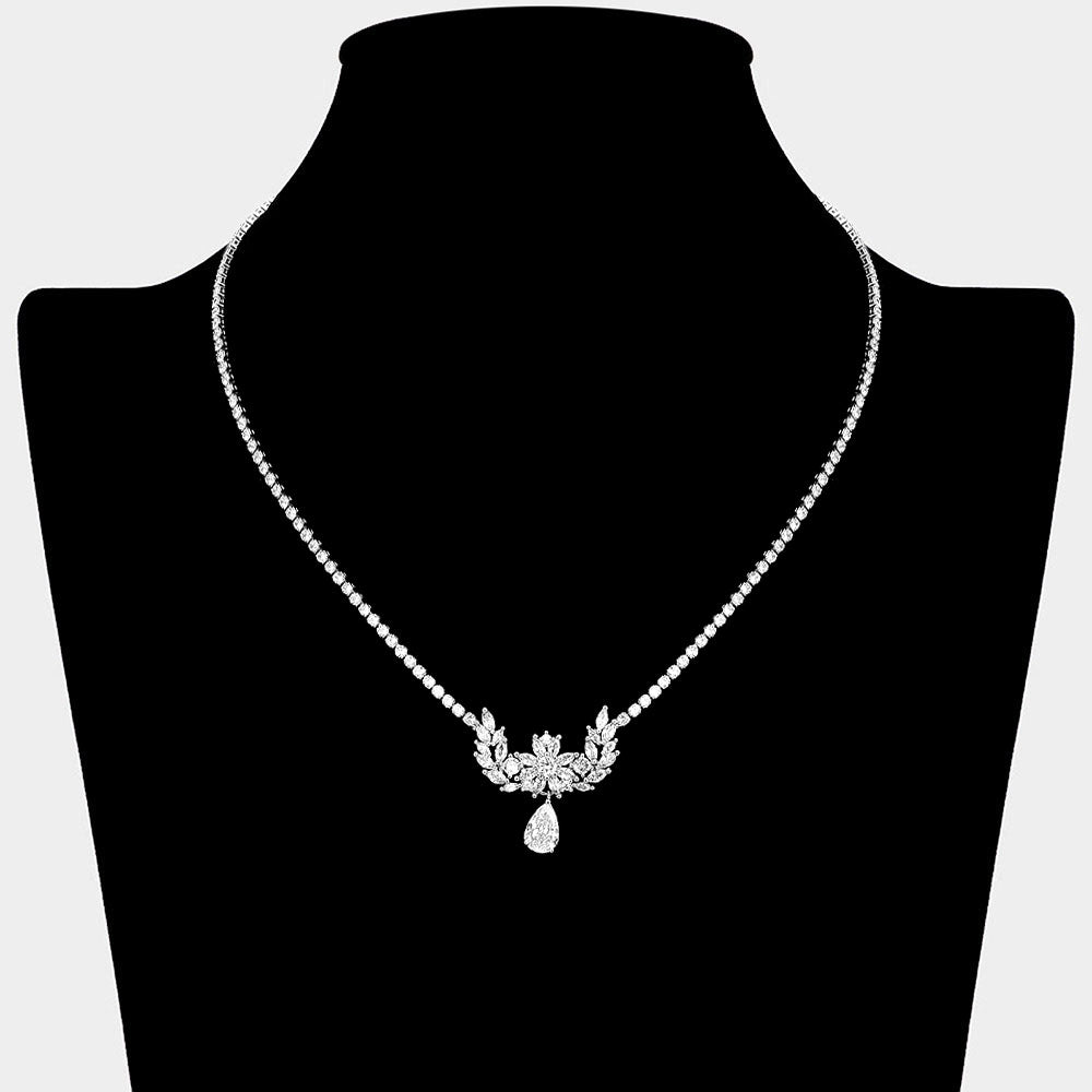 Madeline Love Clear, Silver Floral Laurel CZ Stone Cluster Accent Teardrop Cluster Dangle Rhinestone Paved Necklace - Jewelry