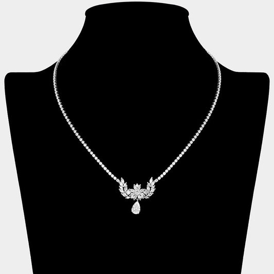 Madeline Love Clear, Silver Floral Laurel CZ Stone Cluster Accent Teardrop Cluster Dangle Rhinestone Paved Necklace - Jewelry