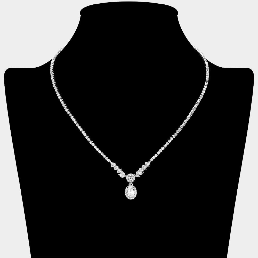 Madeline Love Clear, Silver Oval CZ Stone Charm Drop Rhinestone Necklace - Jewelry