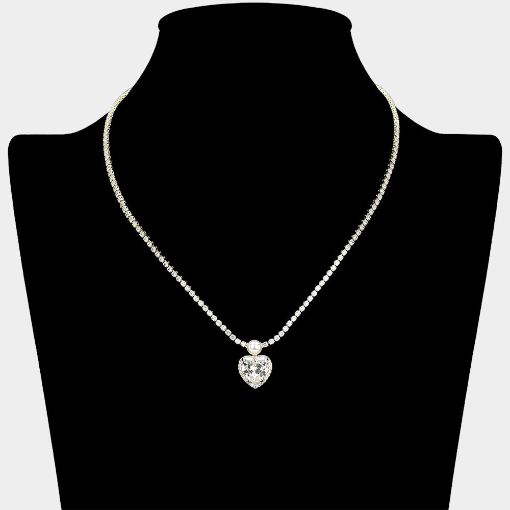 Madeline Love Clear, Gold Heart CZ Stone Charm Drop Rhinestone Necklace - Jewelry