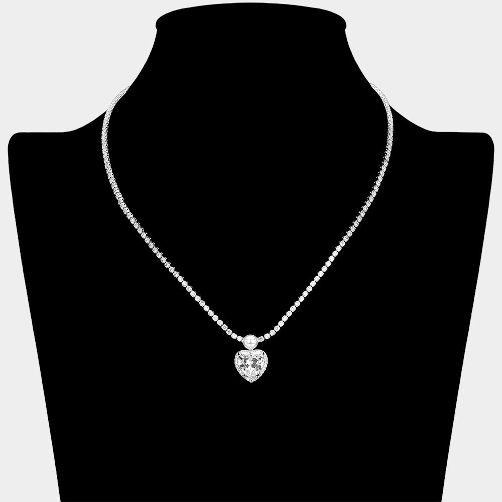 Madeline Love Clear, Silver Heart CZ Stone Charm Drop Rhinestone Necklace - Jewelry