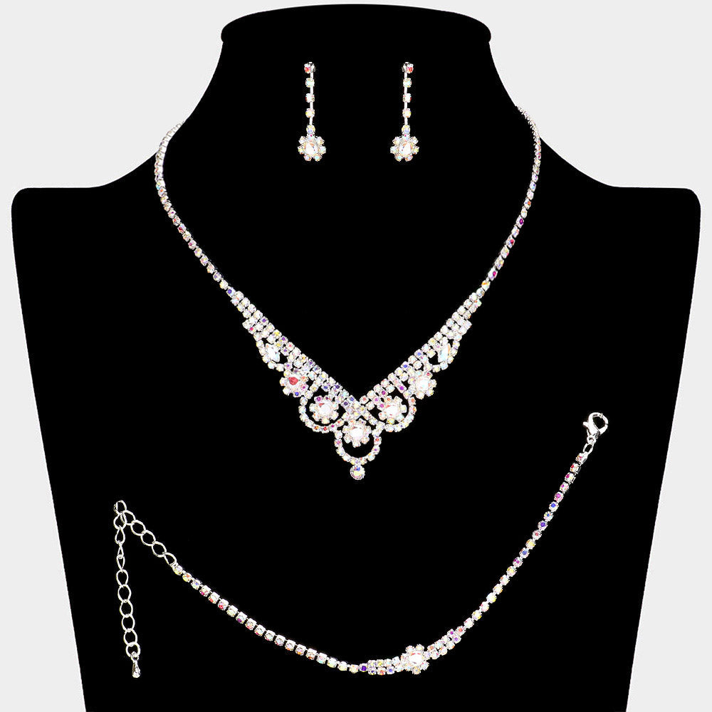 Madeline Love AB, Silver CZ Flower Pointed Rhinestone Paved Necklace Jewelry Set