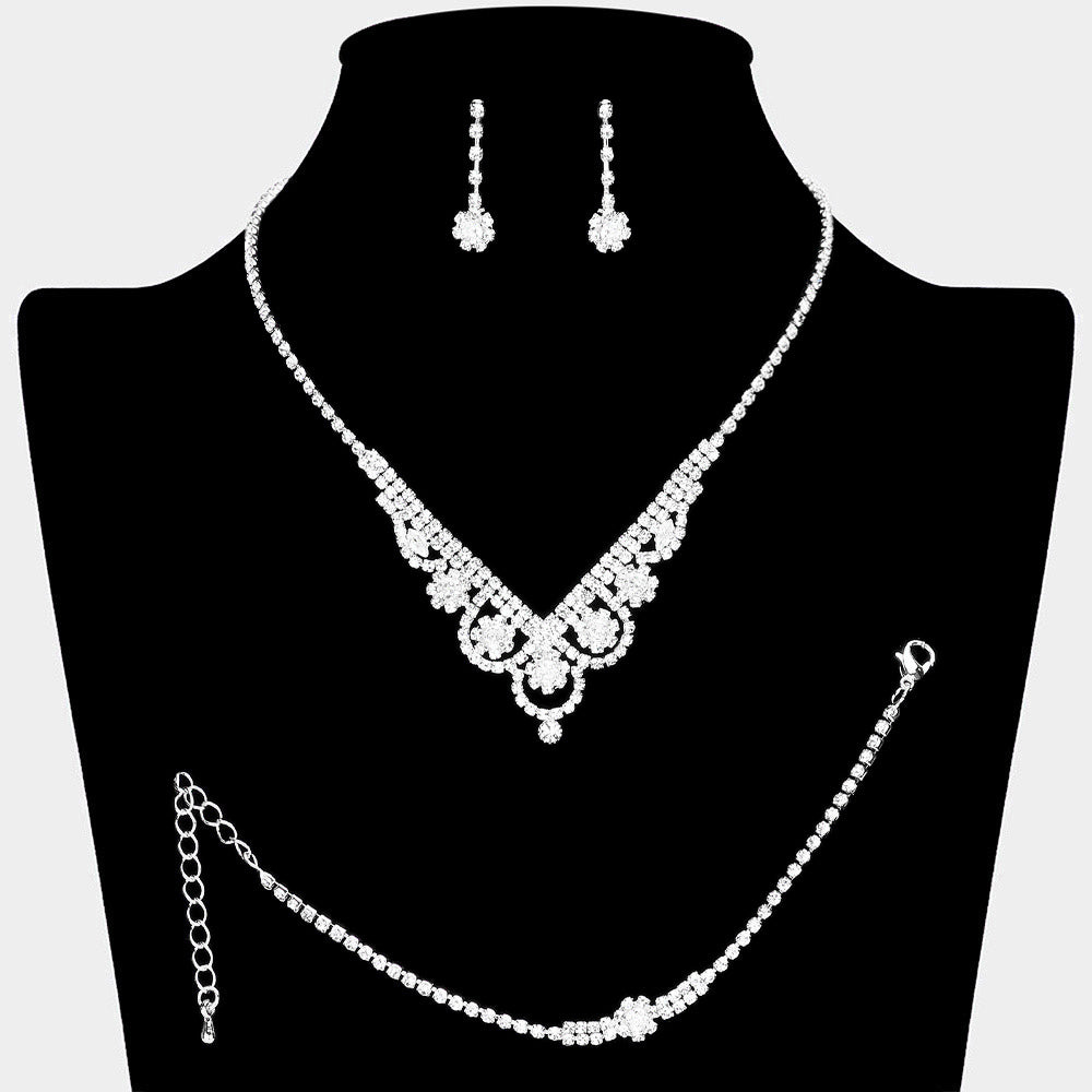 Madeline Love Silver CZ Flower Pointed Rhinestone Paved Necklace Jewelry Set