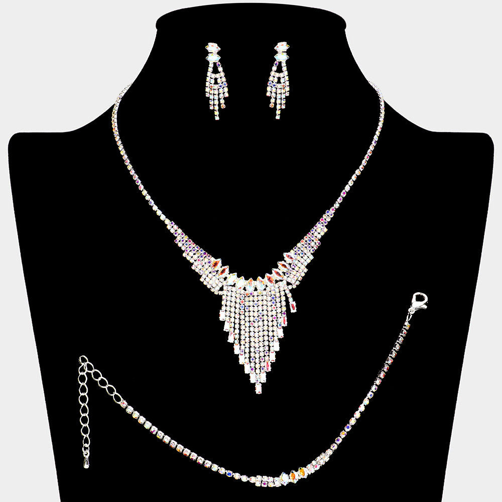 Madeline Love AB, Silver Marquise CZ Stone Pointed Rhinestone Paved Fringe Necklace - Jewelry