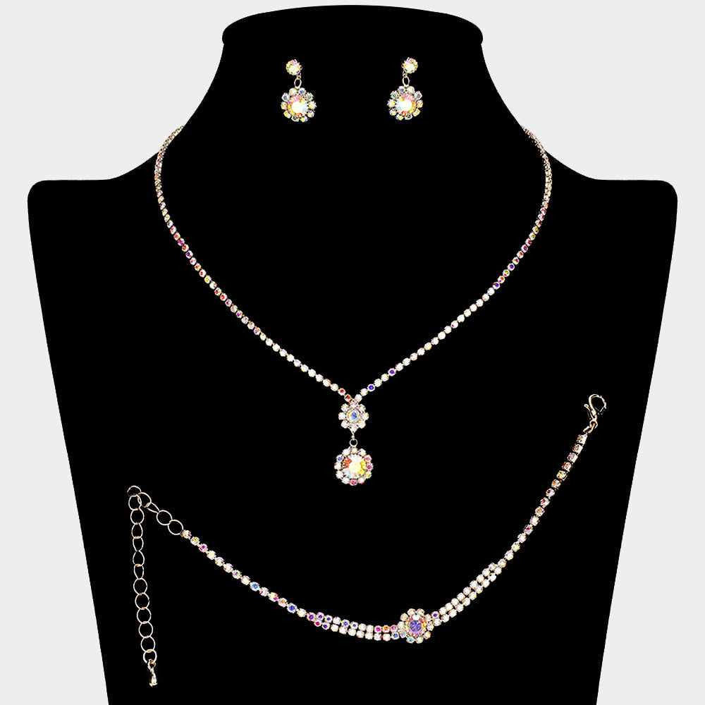 Madeline Love AB, Clear, Gold Round Stone Pendant Accented Rhinestone Paved Jewelry Set
