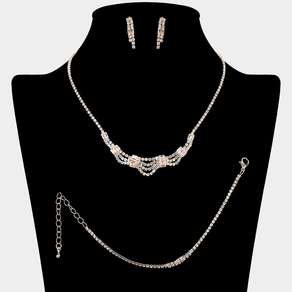 Madeline Love Clear, Gold CZ Baguette Stone Tube Pointed Rhinestone Paved Jewelry Set