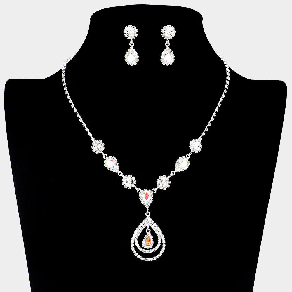 Madeline Love AB, Clear, Silver CZ Stone Teardrop Pendant Pointed Rhinestone Necklace - Jewelry
