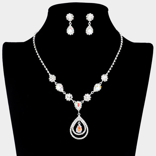 Madeline Love AB, Clear, Silver CZ Stone Teardrop Pendant Pointed Rhinestone Necklace - Jewelry