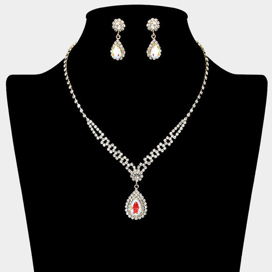 Madeline Love AB, Gold Teardrop CZ Stone Pendant Accented Rhinestone Paved Necklace - Jewelry