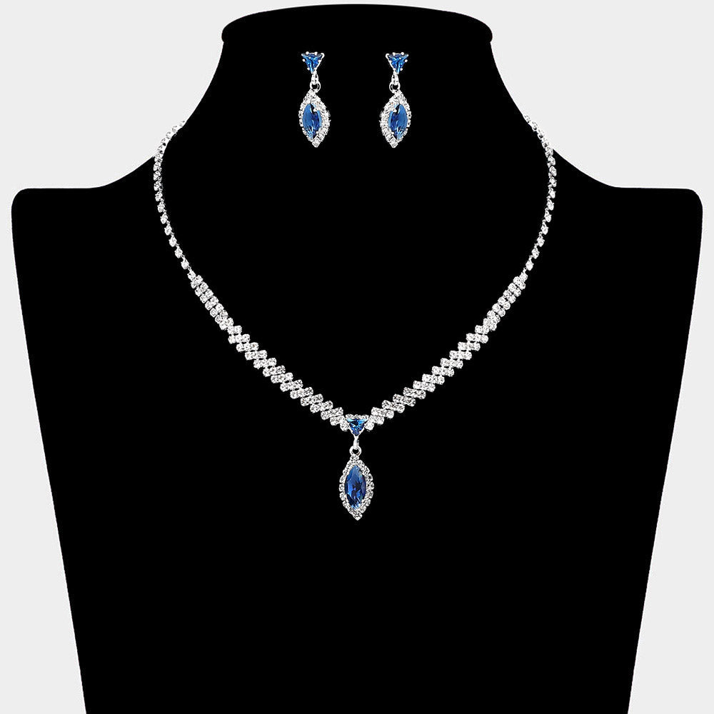 Madeline Love Sapphire, Silver Marquise CZ Stone Pendant Accent Rhinestone Paved Necklace - Jewelry