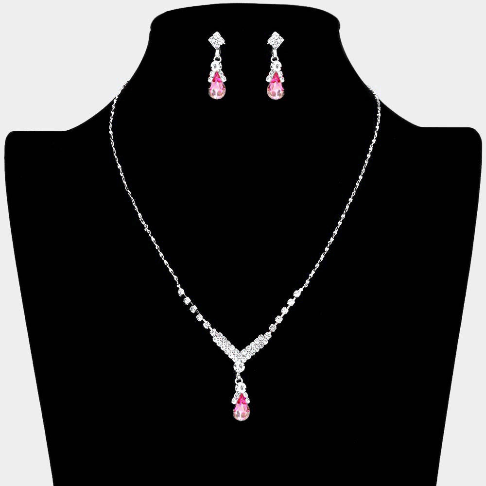 Madeline Love Light, Pink, Silver Pave Crystal Rhinestone Teardrop Dangle Necklace - Jewelry
