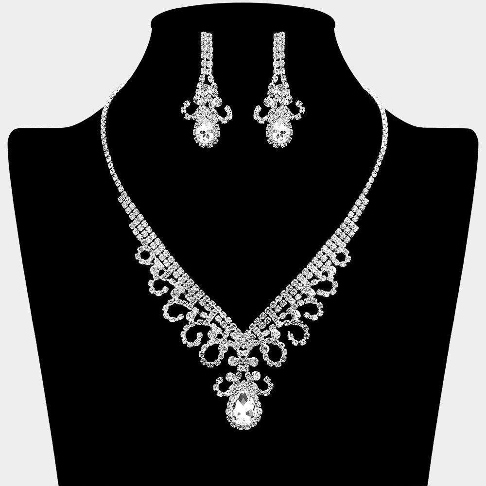 Madeline Love Clear, Silver Teardrop Stone Accented Rhinestone Paved V Shaped Necklace - Jewelry