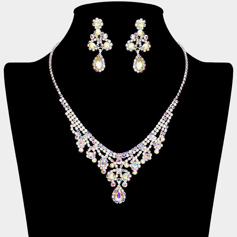 Madeline Love AB, Silver Teardrop Stone Pointed Rhinestone Paved Flower Embellished Necklace - Jewelry