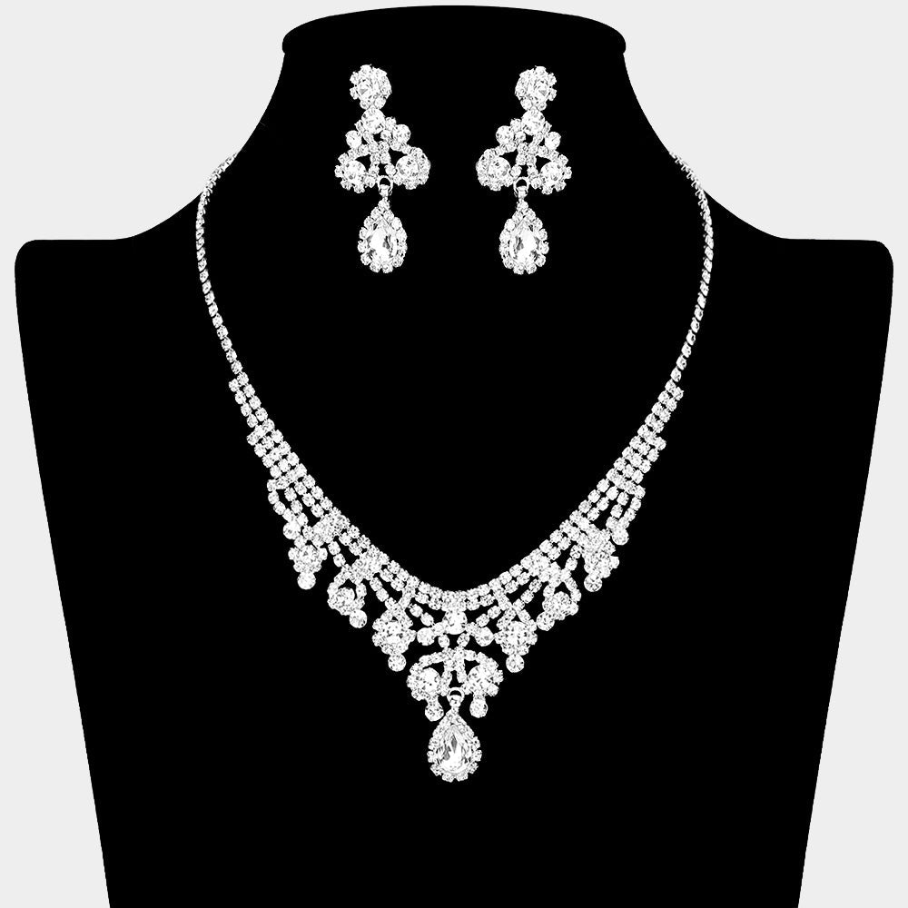 Madeline Love Clear, Silver Teardrop Stone Pointed Rhinestone Paved Flower Embellished Necklace - Jewelry