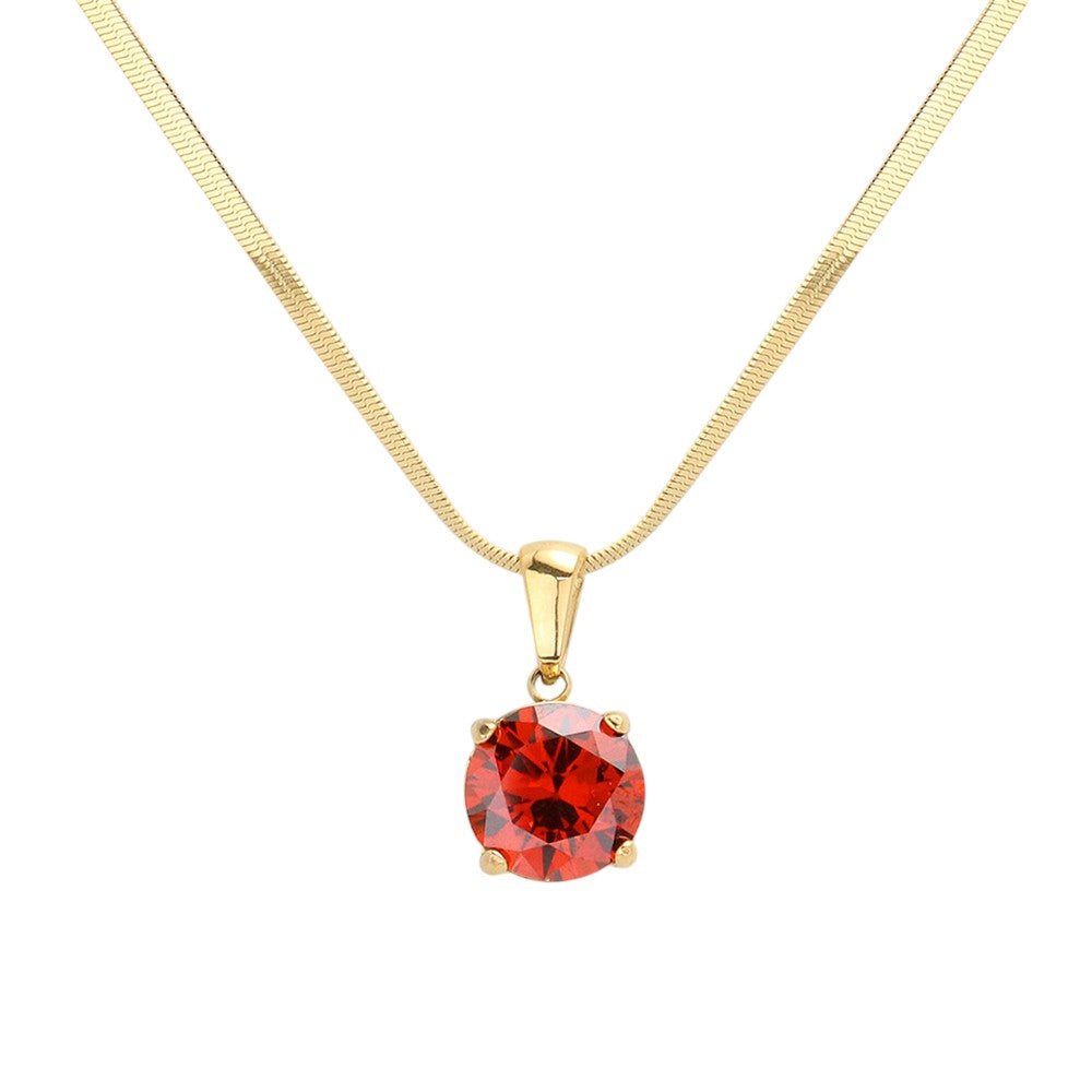 Red 18K Gold Dipped Stainless Steel CZ Round Pendant Necklace exudes elegance and durability. The high-quality material ensures long-lasting wear, while the stunning CZ round pendant adds a touch of glamour. Its timeless design makes it a versatile addition to any jewelry collection. Perfect for any occasion. 